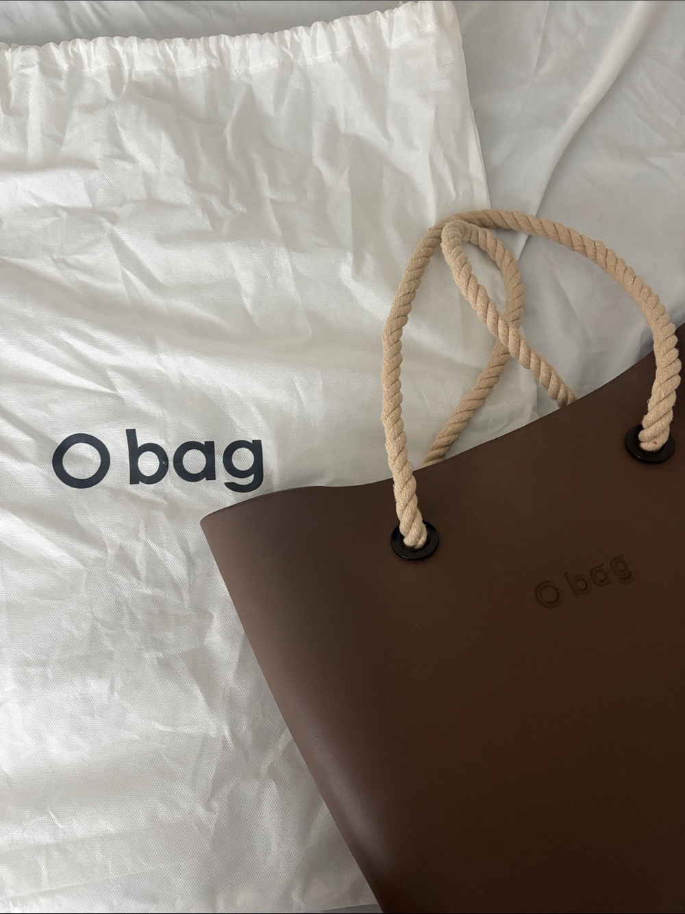 O bag Chocolate Brown Tote with Beige Rope Handles medium size